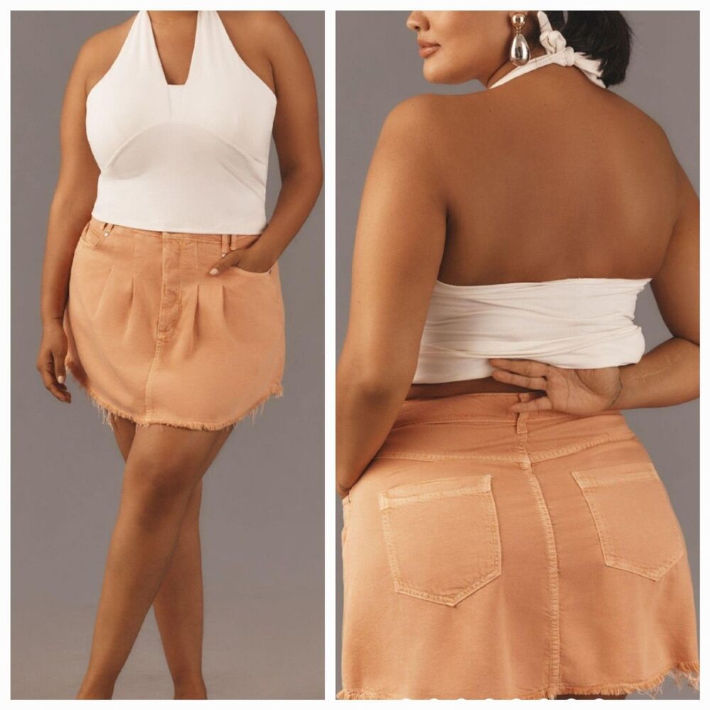 Anthropologie Pilcro Pleated Denim Mini Skirt Orange Fray Hem Button Fly Sz 16